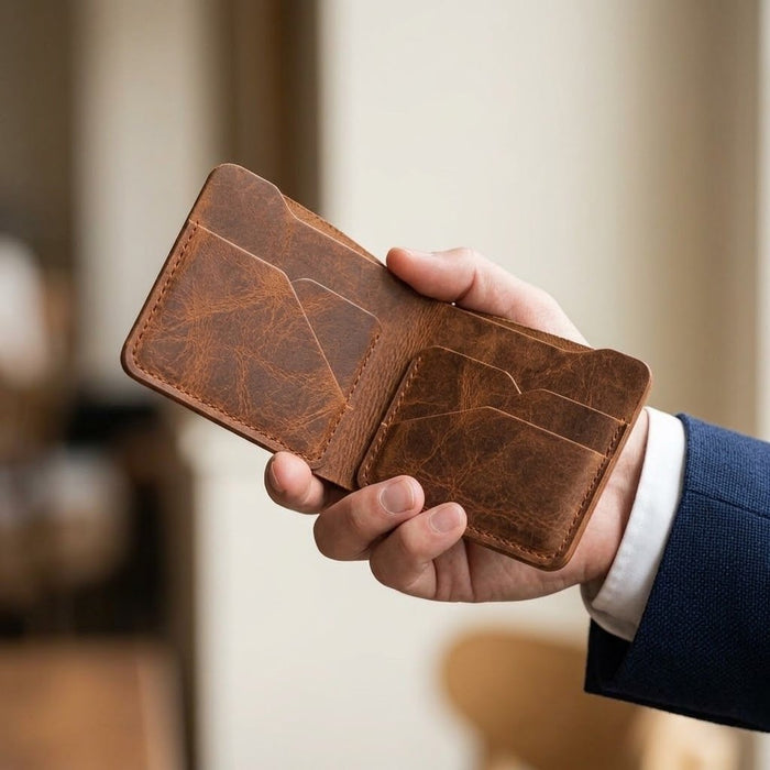 Tan Vertical Genuine Leather 8 Card Slots Wallet Handmade for Men Gift