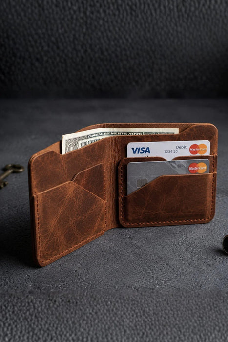 Tan Vertical Genuine Leather 8 Card Slots Wallet Handmade for Men Gift