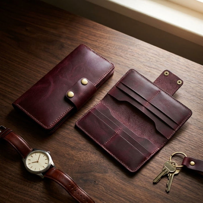 Purple Genuine Leather 4 Card Slots Wallet Phone Pocket Handmade for Men Gift