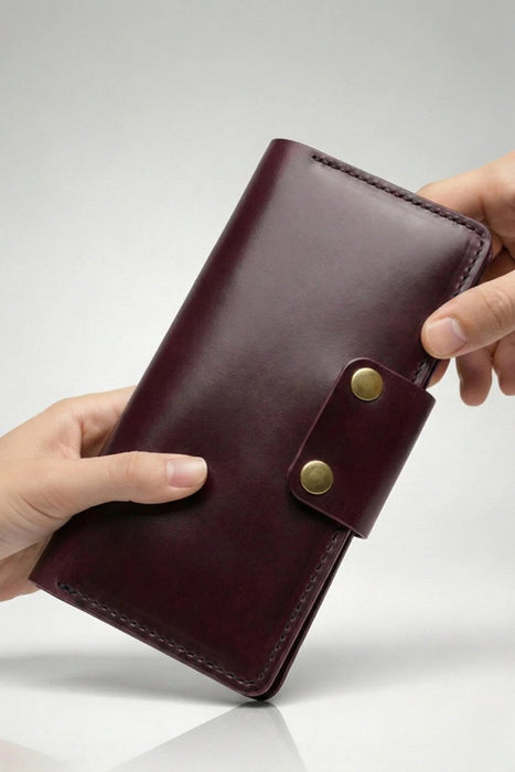Purple Genuine Leather 4 Card Slots Wallet Phone Pocket Handmade for Men Gift