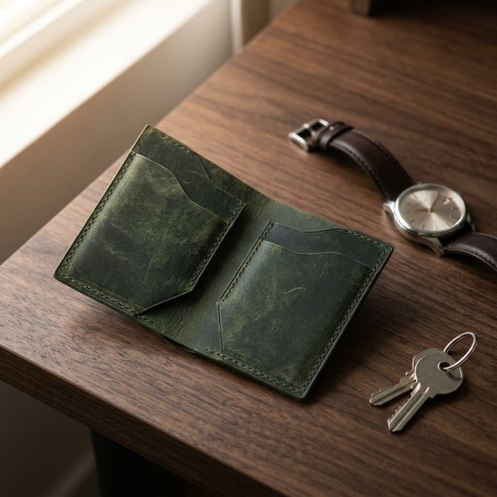 Dark Green Slim Genuine Leather 4 Card Slots Wallet Handmade for Men Gift