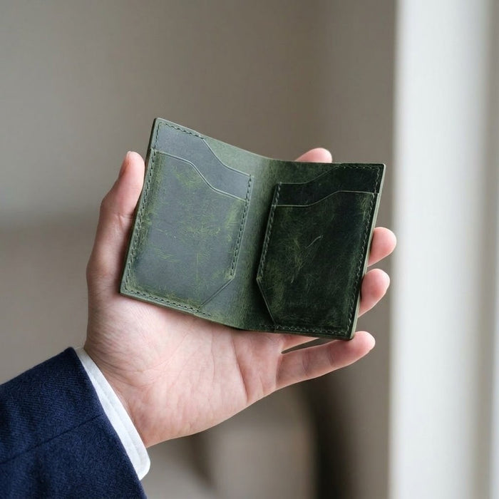 Dark Green Slim Genuine Leather 4 Card Slots Wallet Handmade for Men Gift