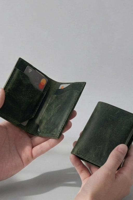 Dark Green Slim Genuine Leather 4 Card Slots Wallet Handmade for Men Gift