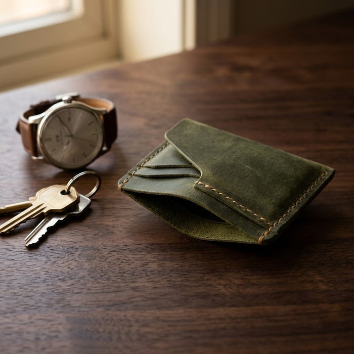 Dark Green Slim Genuine Leather Card Holder Compact Handmade for Men Gift