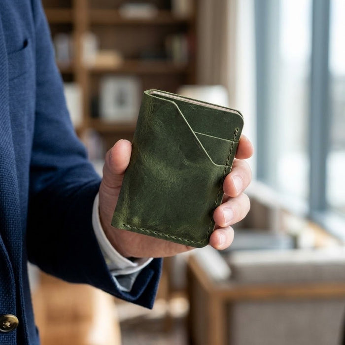 Dark Green Slim Genuine Leather Card Holder Compact Handmade for Men Gift