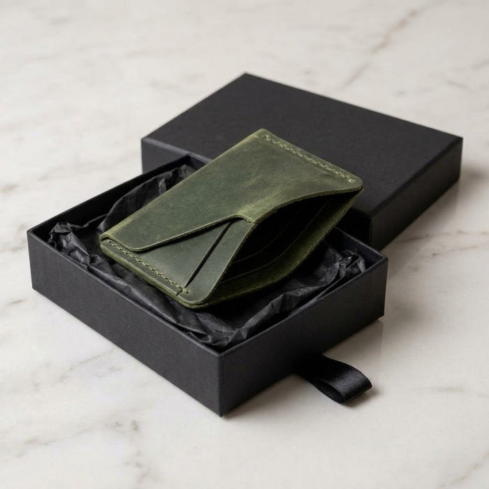 Dark Green Slim Genuine Leather Card Holder Compact Handmade for Men Gift