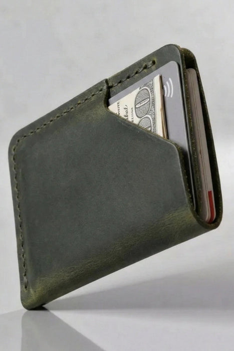 Dark Green Slim Genuine Leather Card Holder Compact Handmade for Men Gift