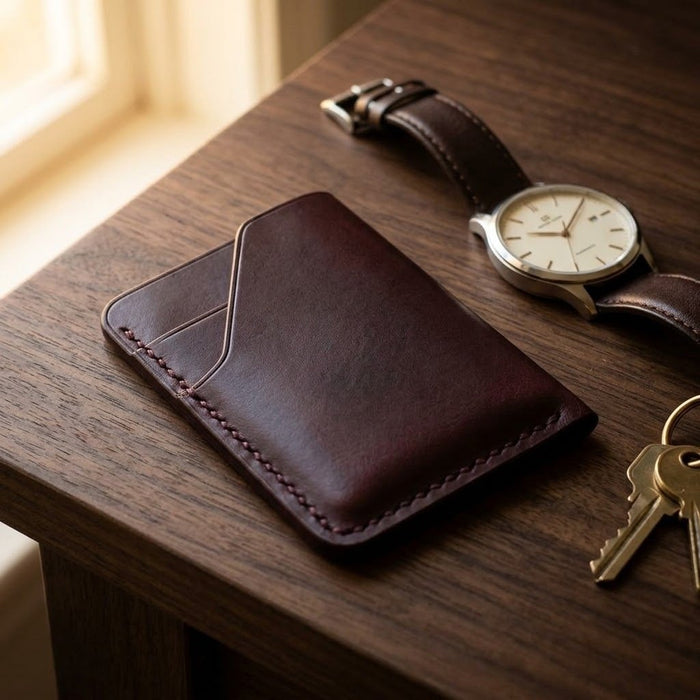 Purple Slim Genuine Leather Card Holder Saddle Stitch Handmade for Men Gift