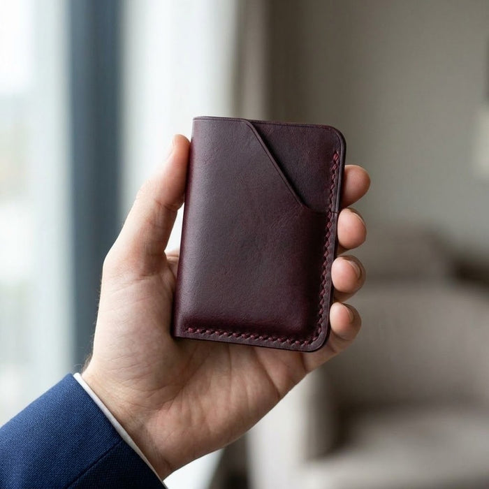 Purple Slim Genuine Leather Card Holder Saddle Stitch Handmade for Men Gift