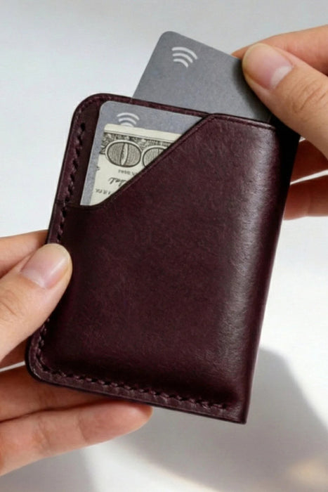 Purple Slim Genuine Leather Card Holder Saddle Stitch Handmade for Men Gift