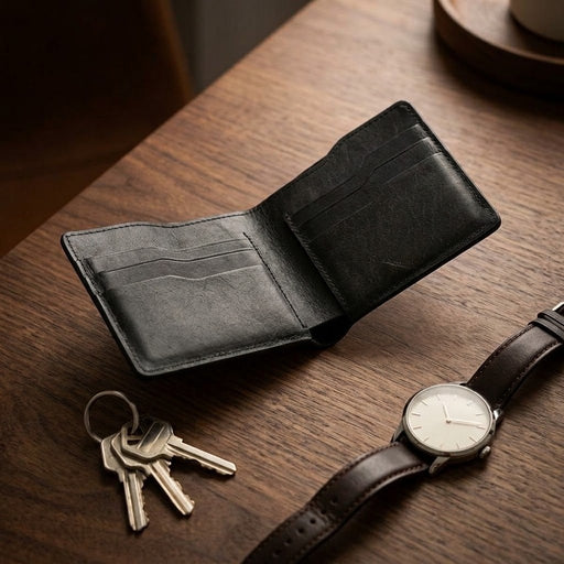 Genuine Leather Bifold Wallet 8 Card Slots Handmade for Men Gift - Black