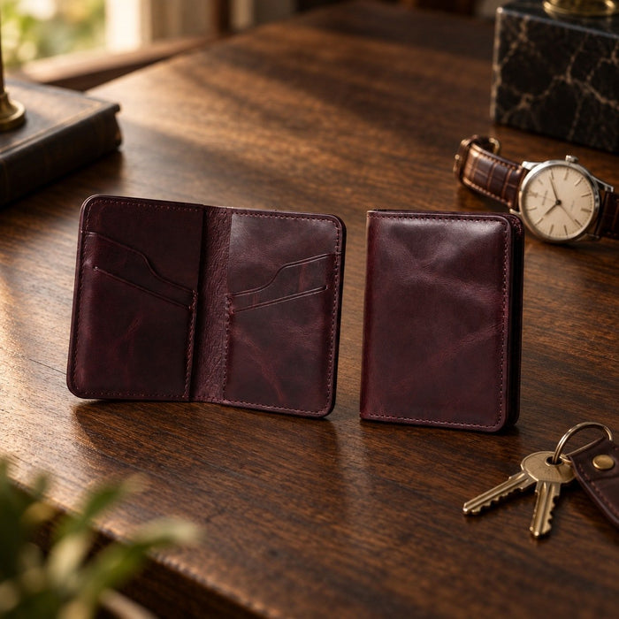 Purple Slim Genuine Leather 6 Card Slots Wallet Minimalist Handmade for Men Gift