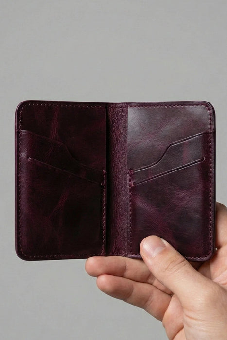Purple Slim Genuine Leather 6 Card Slots Wallet Minimalist Handmade for Men Gift