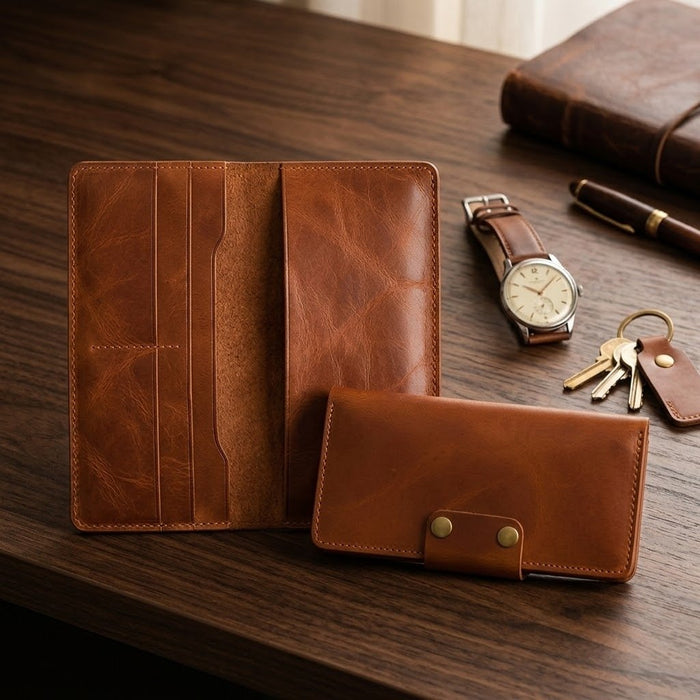Tan Genuine Leather 4 Card Slots Wallet Phone Pocket Handmade for Men Gift