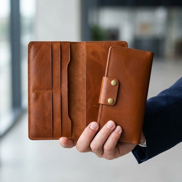 Tan Genuine Leather 4 Card Slots Wallet Phone Pocket Handmade for Men Gift