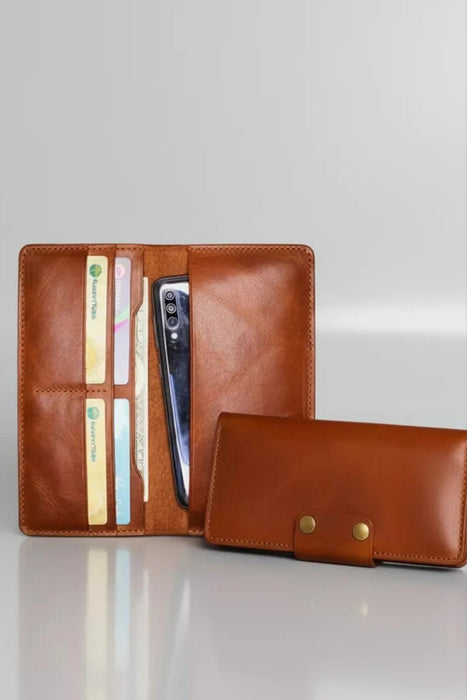 Tan Genuine Leather 4 Card Slots Wallet Phone Pocket Handmade for Men Gift