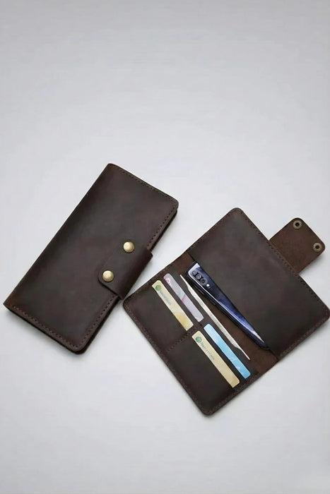 Tan Genuine Leather 4 Card Slots Wallet Phone Pocket Handmade for Men Gift