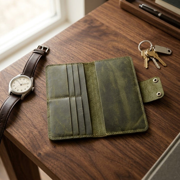 Dark Green Genuine Leather 4 Card Slots Wallet Saddle Stitch Phone Pocket