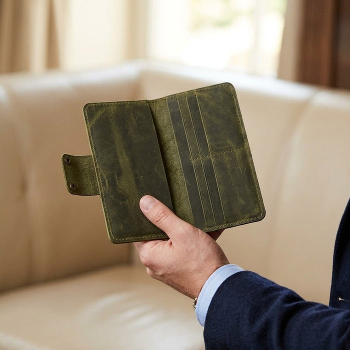 Genuine Leather Long Wallet 4 Card Slots Phone Pocket Snap Handmade Men Gift - Dark Green