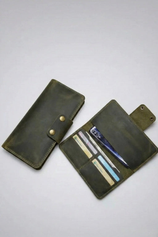 Dark Green Genuine Leather 4 Card Slots Wallet Saddle Stitch Phone Pocket