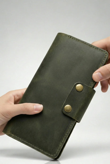 Dark Green Genuine Leather 4 Card Slots Wallet Saddle Stitch Phone Pocket