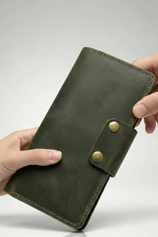 Dark Green Genuine Leather 4 Card Slots Wallet Saddle Stitch Phone Pocket