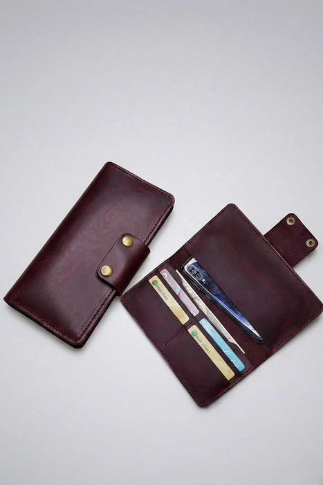 Dark Green Genuine Leather 4 Card Slots Wallet Saddle Stitch Phone Pocket