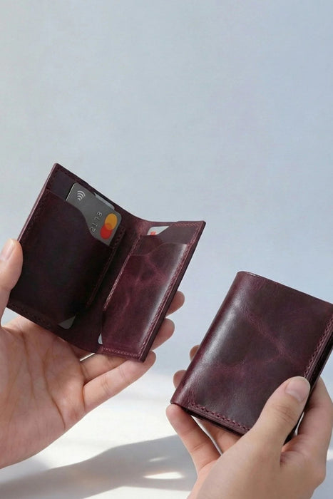 Purple Slim Genuine Leather 6 Card Slots Wallet Handmade for Men Gift