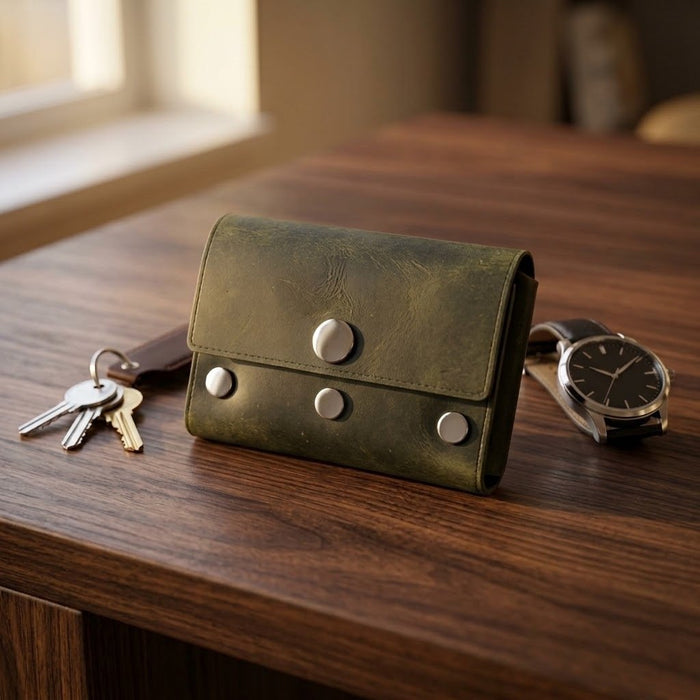 Green Slim Suede Lined Genuine Leather Card Holder Handmade for Men Gift