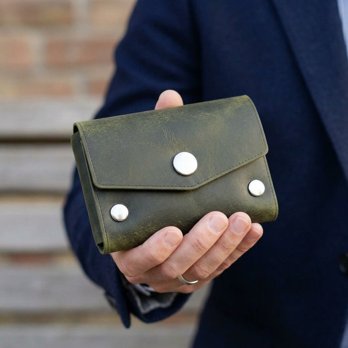 Green Slim Suede Lined Genuine Leather Card Holder Handmade for Men Gift