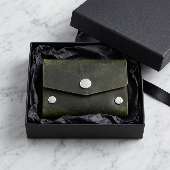 Green Slim Suede Lined Genuine Leather Card Holder Handmade for Men Gift