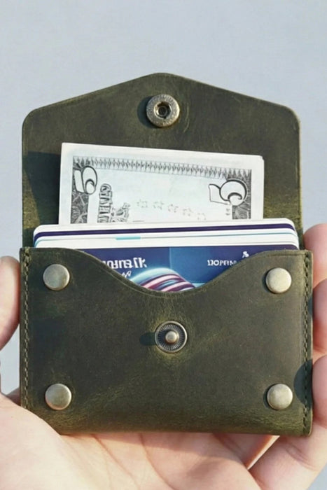 Green Slim Suede Lined Genuine Leather Card Holder Handmade for Men Gift