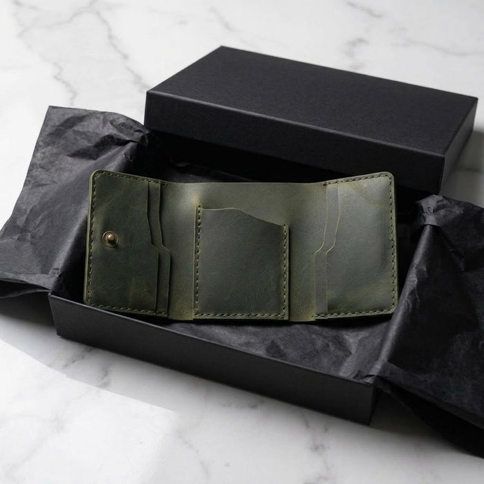 Dark Green Genuine Leather 6 Card Slots Wallet Handmade for Men Gift