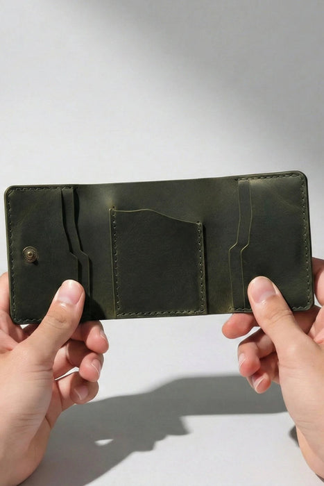 Dark Green Genuine Leather 6 Card Slots Wallet Handmade for Men Gift