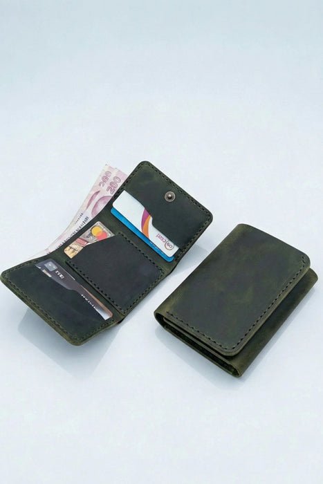 Dark Green Genuine Leather 6 Card Slots Wallet Handmade for Men Gift