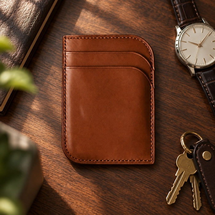 Genuine Leather Minimalist Card Wallet Curved Handmade for Men Gift - Tan