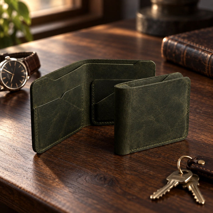 Dark Green Vertical Genuine Leather 8 Card Slots Wallet Italian Stitch Handmade