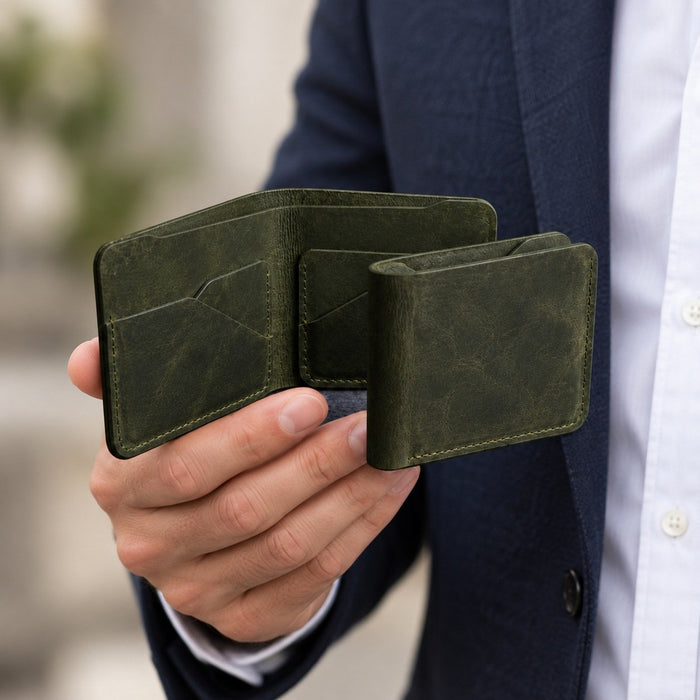 Dark Green Vertical Genuine Leather 8 Card Slots Wallet Italian Stitch Handmade