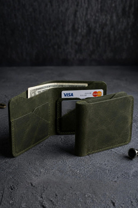 Dark Green Vertical Genuine Leather 8 Card Slots Wallet Italian Stitch Handmade