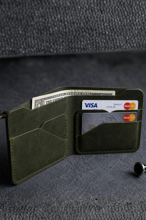 Dark Green Vertical Genuine Leather 8 Card Slots Wallet Italian Stitch Handmade