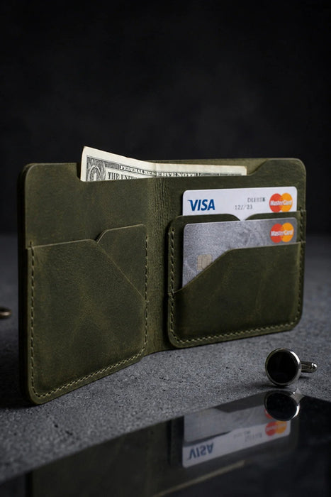 Dark Green Vertical Genuine Leather 8 Card Slots Wallet Italian Stitch Handmade
