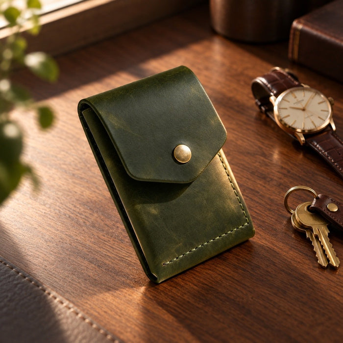 Green Trifold Slim Genuine Leather 9 Card Slots Wallet Handmade for Men Gift