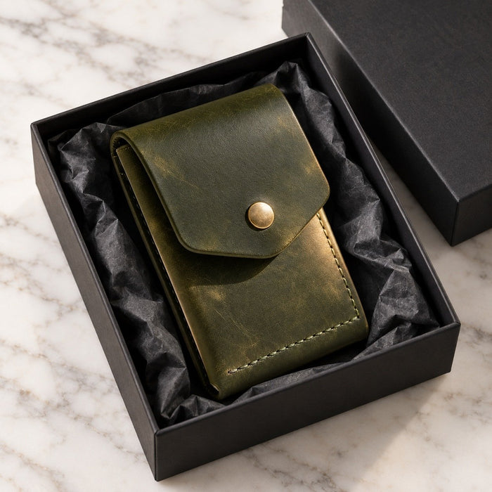 Green Trifold Slim Genuine Leather 9 Card Slots Wallet Handmade for Men Gift