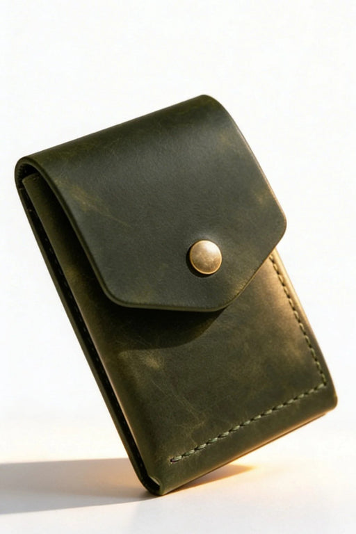 Green Trifold Slim Genuine Leather 9 Card Slots Wallet Handmade for Men Gift
