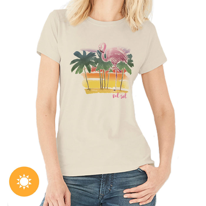 Women Crew Tee - Watercolor Flamingo - Beige by DelSol for Women - 1 Pc T-Shirt (Large)