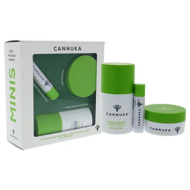 Cannuka Travel Minis by Cannuka for Unisex - 3 Pc 0.44oz CBD Skin Balm, 1.6oz CBD Nourishing Body Cream, 0.15oz CBD Hydrating Lip Balm