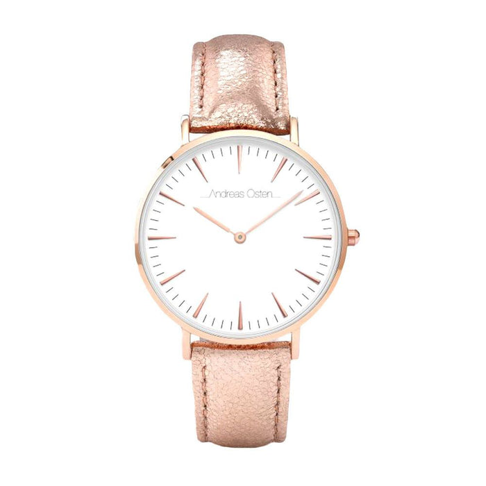 AO-196 Hygge - Montre avec bracelet en cuir or rose/blanc par Andreas Osten pour femme - Montre 1 pièce