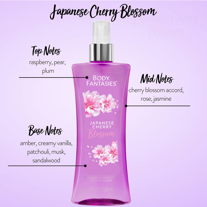 Spray corporal con fragancia de flor de cerezo japonés exclusivo de Body Fantasies para mujeres - Spray corporal de 8 oz