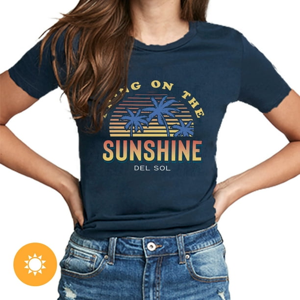 T-shirt ras du cou pour femmes - Bring On The Sunshine - Indigo par DelSol pour femme - T-shirt 1 pièce (petit)