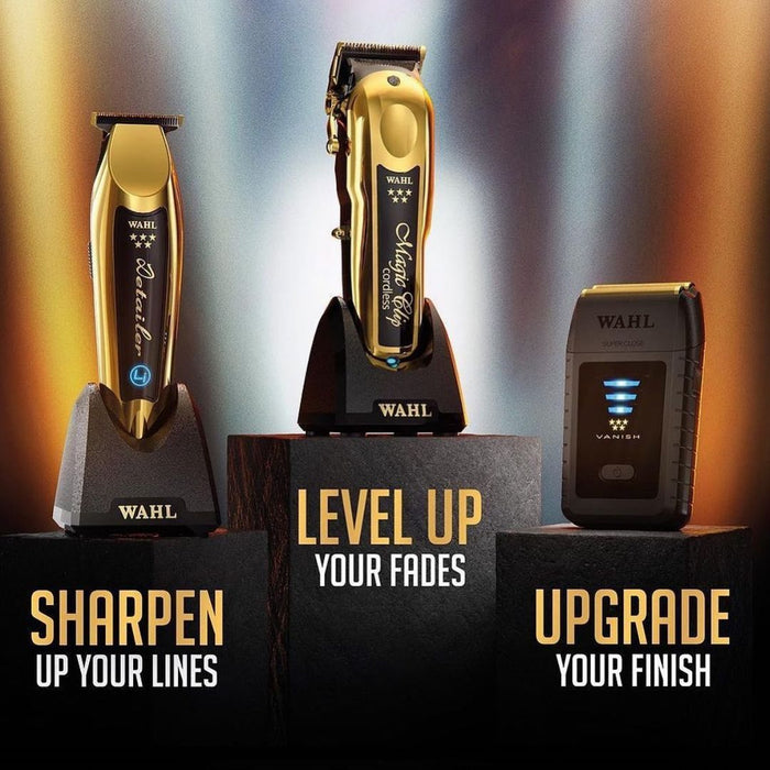 Wahl Professional 5 Star Series Clip mágico inalámbrico Gold #8148-700 y Detailer inalámbrico Li Gold #8171-700 y afeitadora Vanish inalámbrica #8173-700